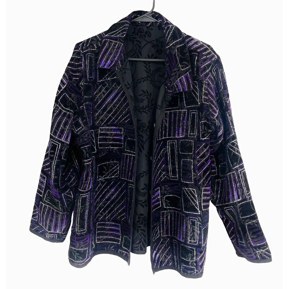 Handmade Reversible Jacket Women L XL Black Purple Velvet Art Wear Boho 90s